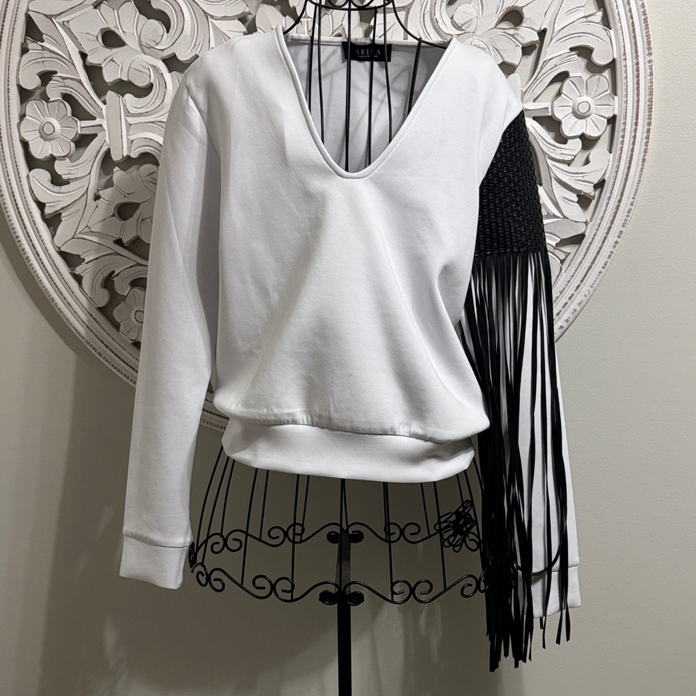AKIRA White Sweater with Black Fringe Detail